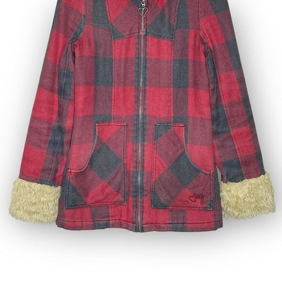 Roxy Red Buffalo Plaid Faux Fur Grunge Goth Emo Y2K Jacket Skate Size Small - Picture 4 of 10